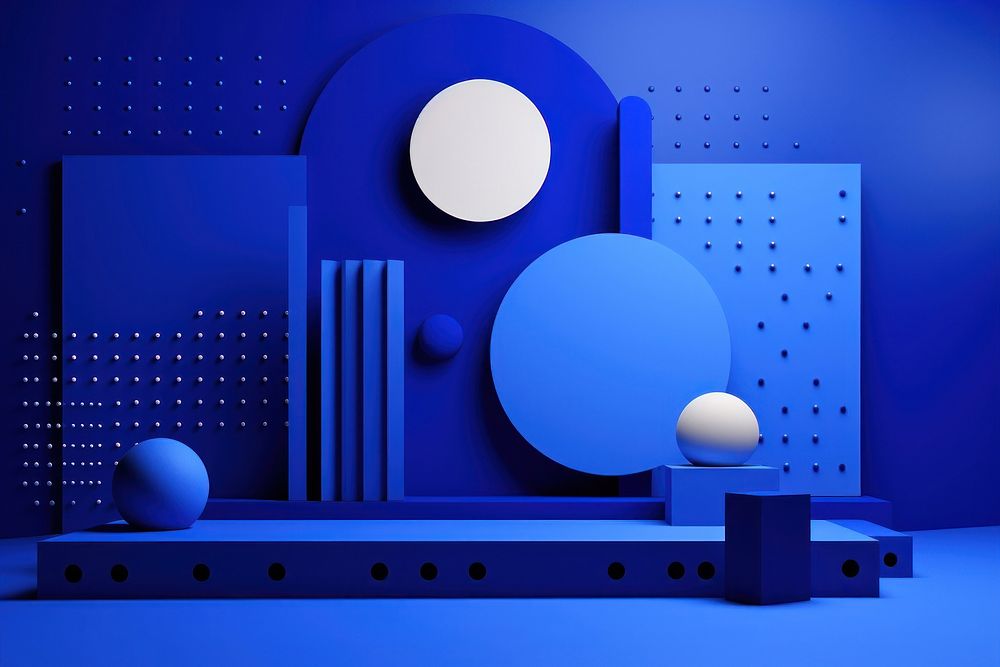 Memphis design of minimal blue background lighting sphere.