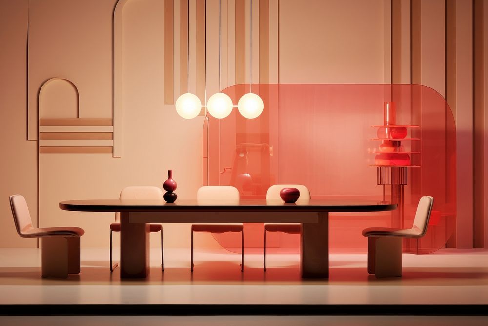 Memphis design of minimal dining room architecture furniture building.
