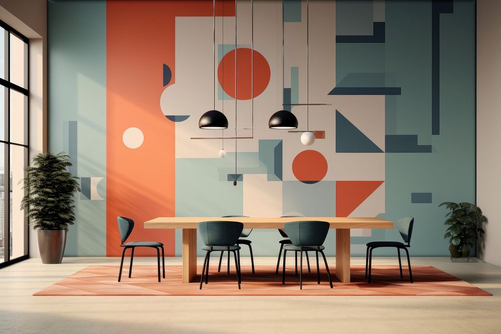 Memphis design of minimal dining room background architecture restaurant furniture.