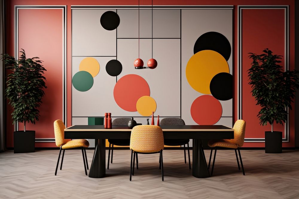 Memphis design of minimal dining room background architecture restaurant furniture.