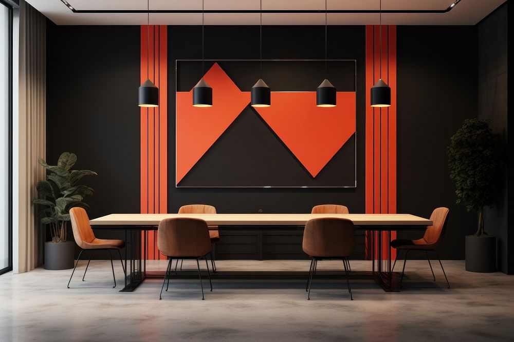 Memphis design of minimal dining room architecture restaurant blackboard.