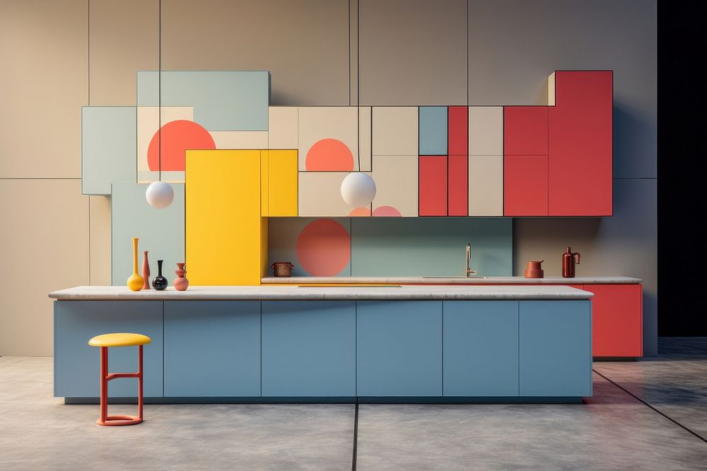 Memphis design of minimal kitchen furniture indoors cabinet.