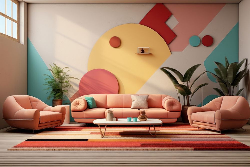 Memphis design of minimal living room background architecture furniture building.