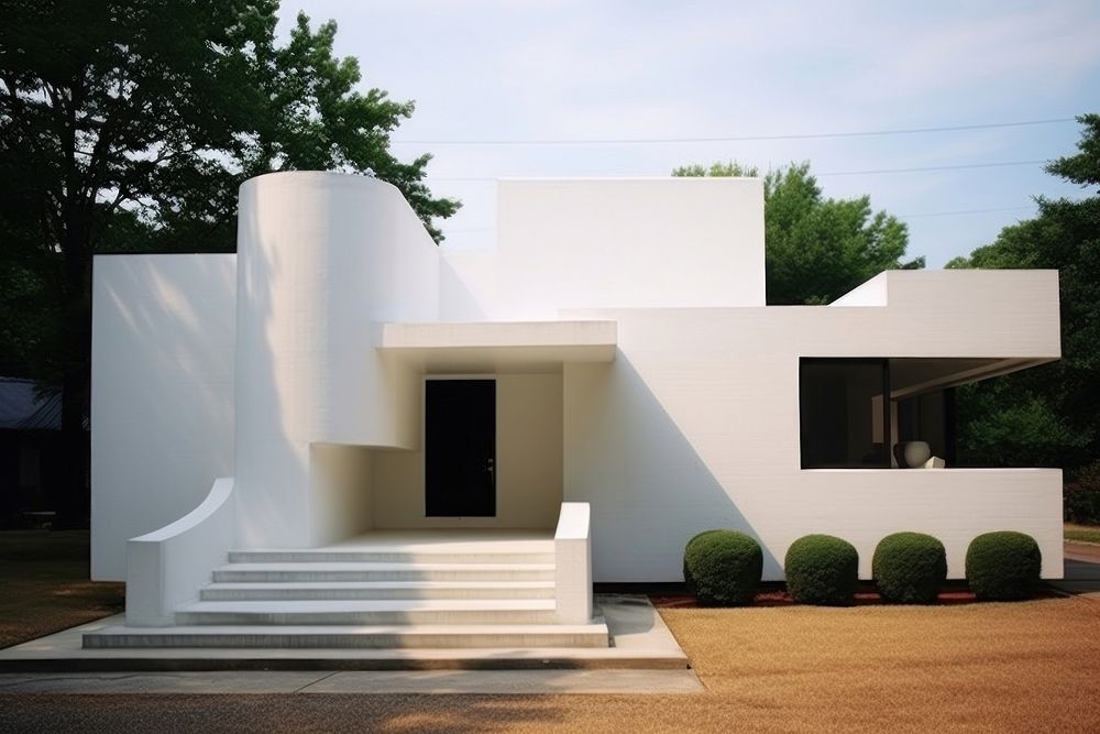 Memphis design of minimal modern architecture staircase building housing.