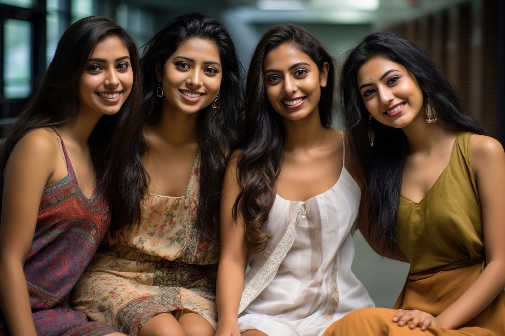 Mixed south asian women smile adult togetherness.