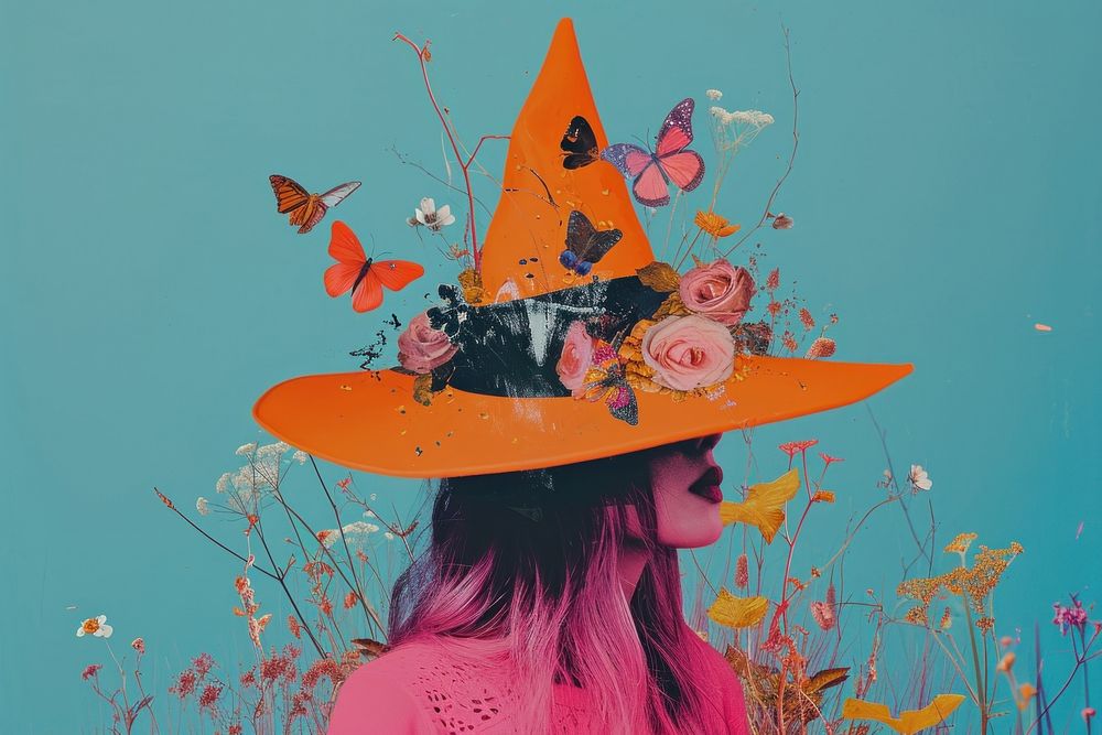 Minimal Collage Retro dreamy of witch hat flower plant adult.