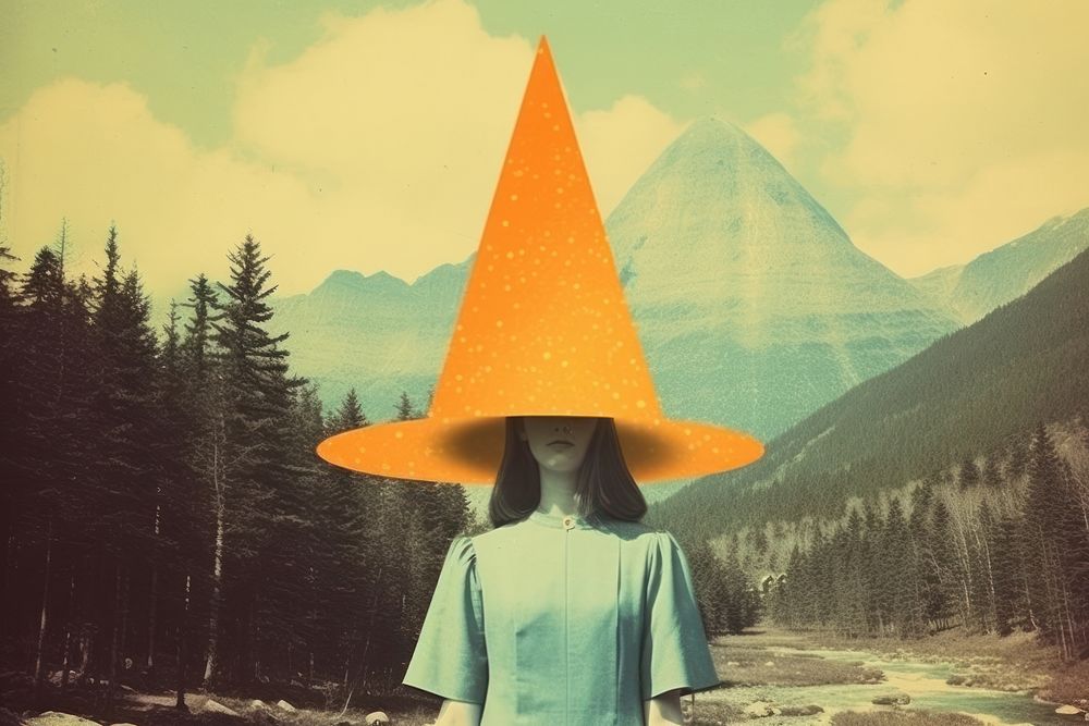 Minimal Collage Retro dreamy of witch hat portrait outdoors nature.