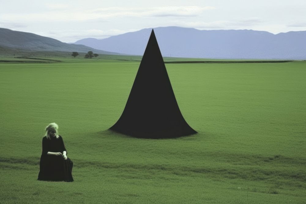 Minimal Collage Retro dreamy of witch hat landscape grassland outdoors.