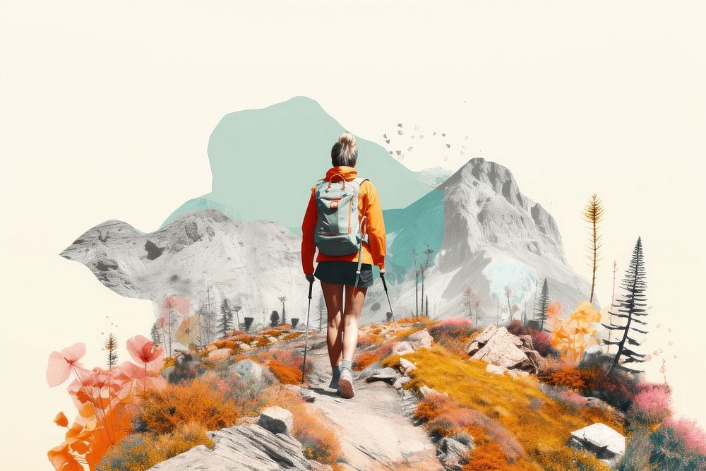 Collage Retro dreamy of woman hiking backpacking adventure outdoors.