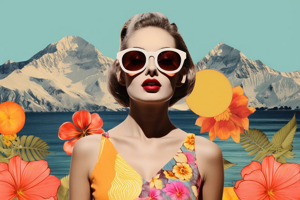 Minimal Collage Retro dreamy of adult sunglasses mountain swimwear.