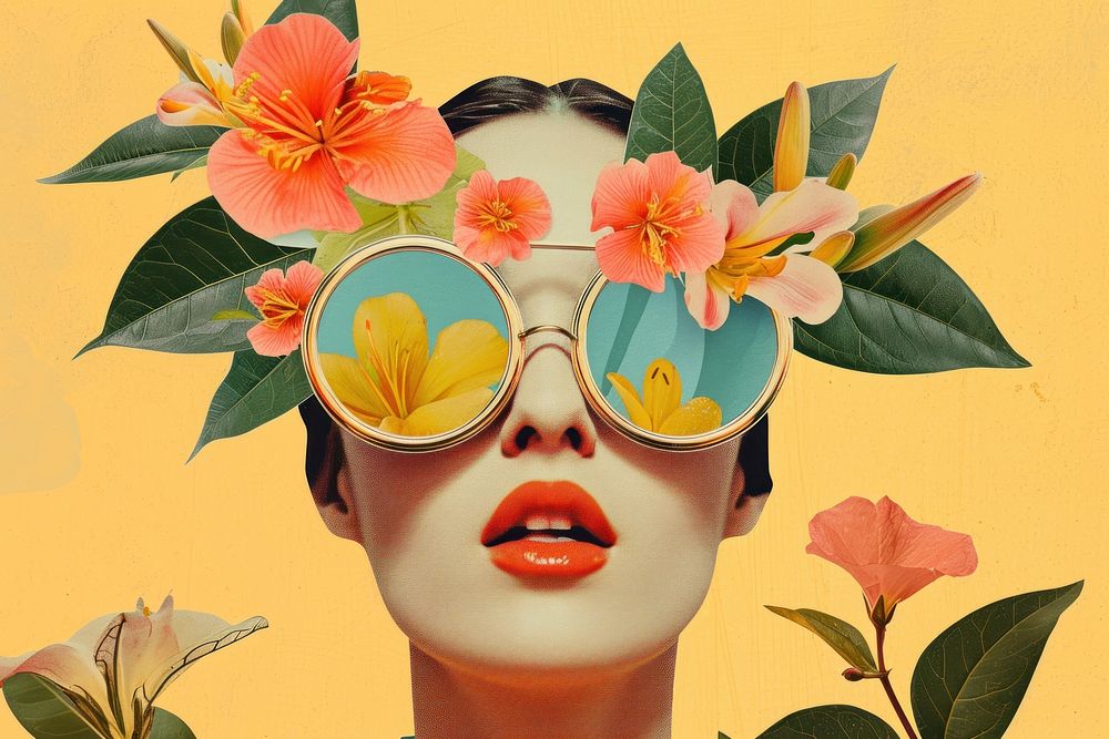 Minimal Collage Retro dreamy of adult sunglasses portrait flower.
