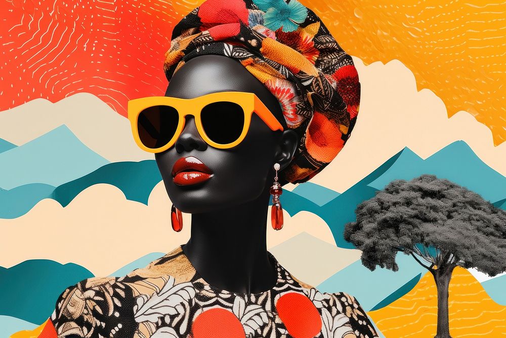 Minimal Collage Retro dreamy of african art sunglasses portrait.
