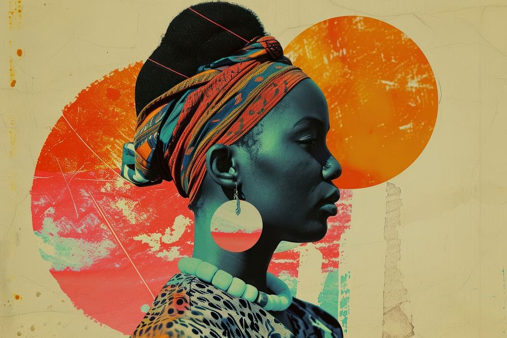 Minimal Collage Retro dreamy of african woman art portrait painting.