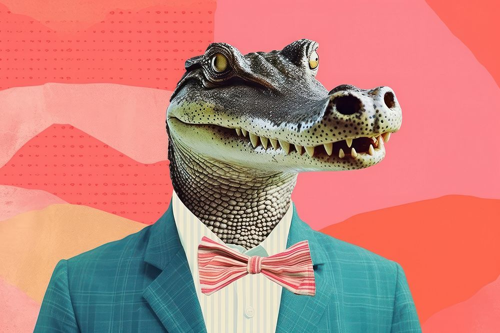 Minimal Collage Retro dreamy of alligator dinosaur reptile animal.
