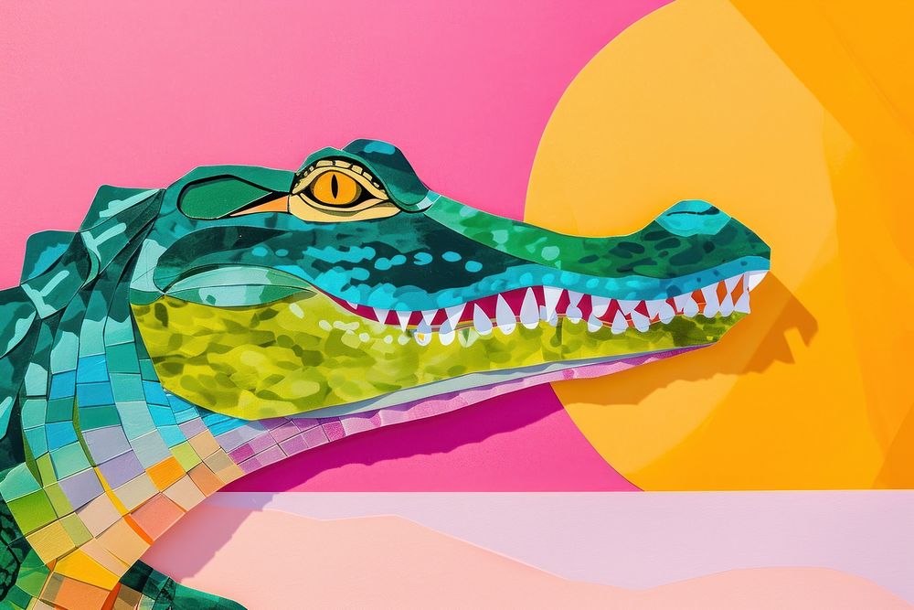 Minimal Collage Retro dreamy of alligator reptile animal art.