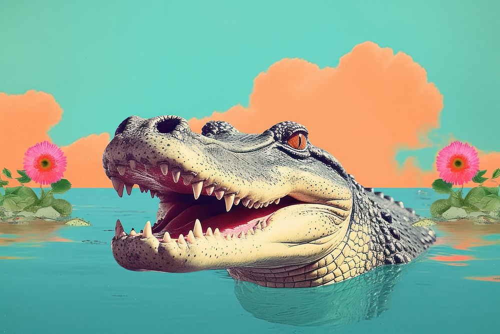 Minimal Collage Retro dreamy of alligator reptile animal representation.
