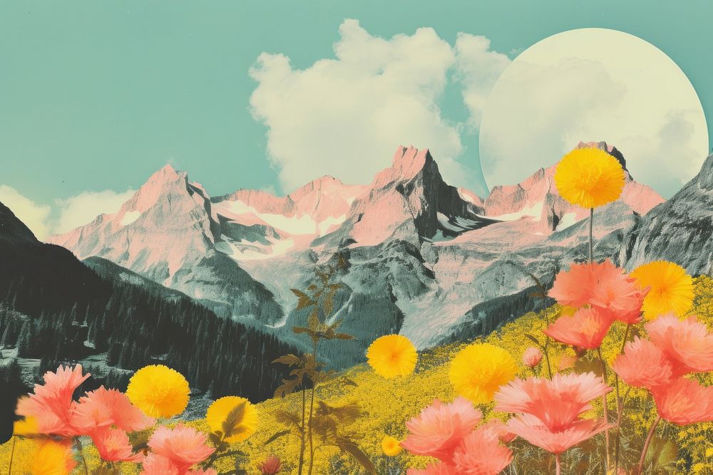Minimal Collage Retro dreamy of alpine backdrop landscape mountain outdoors.