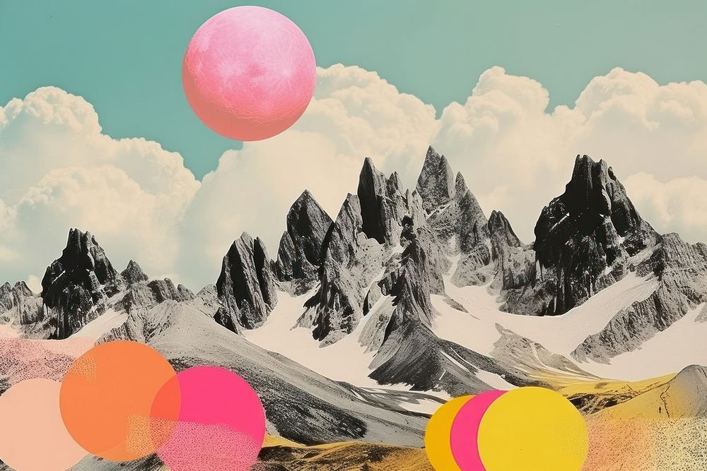 Minimal Collage Retro dreamy of alpine backdrop mountain outdoors balloon.