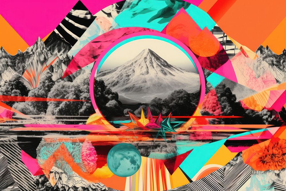 Minimal Collage Retro dreamy of alpine backdrop art mountain collage.