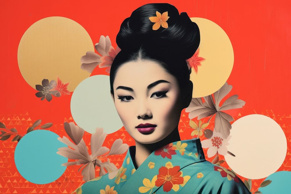 Minimal Collage Retro dreamy of asian woman portrait fashion kimono.