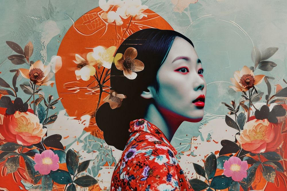 Minimal Collage Retro dreamy of asian woman art portrait painting.