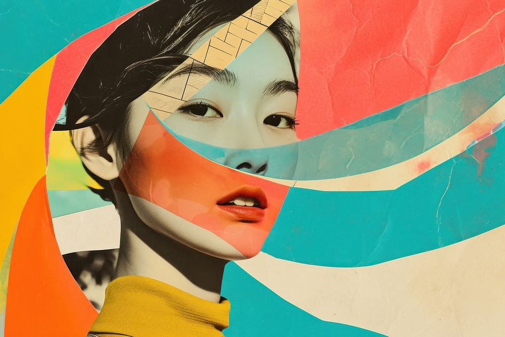 Minimal Collage Retro dreamy of asian woman art portrait painting.