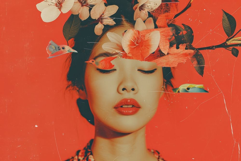 Minimal Collage Retro dreamy of asian woman portrait adult art.