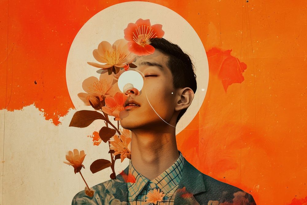 Minimal Collage Retro dreamy of asian man art portrait flower.