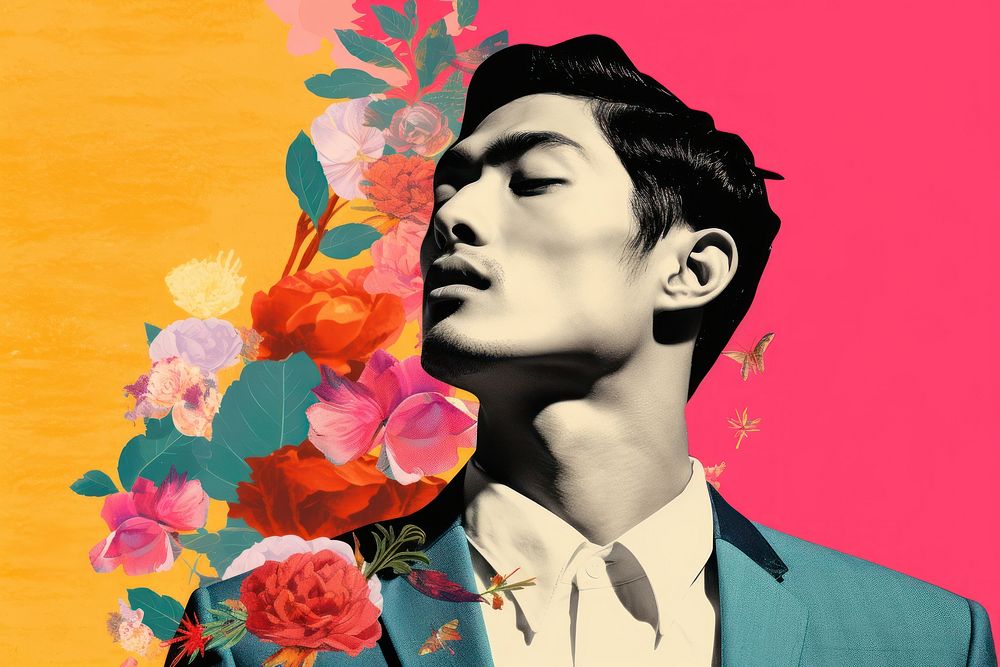 Minimal Collage Retro dreamy of asian man art flower adult.