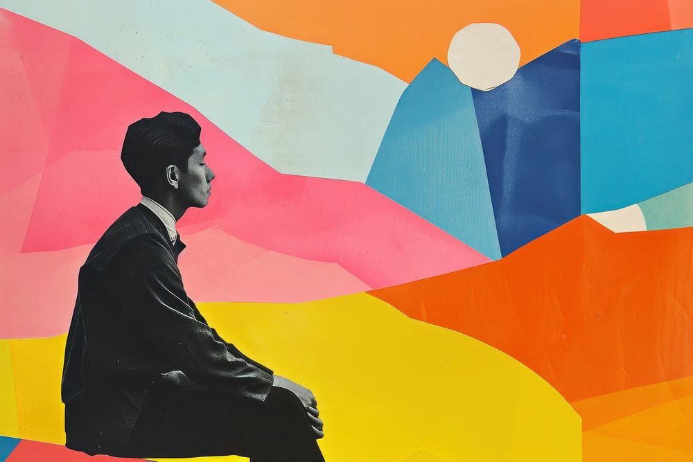 Minimal Collage Retro dreamy of asian man art painting adult.