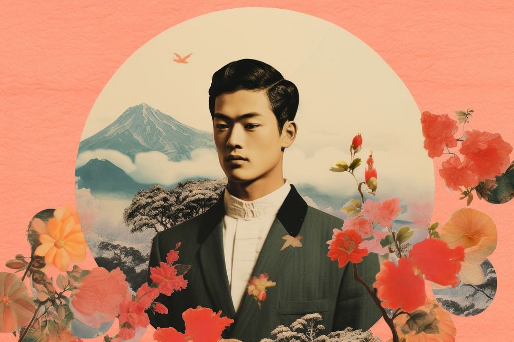 Minimal Collage Retro dreamy of asian man portrait flower adult.
