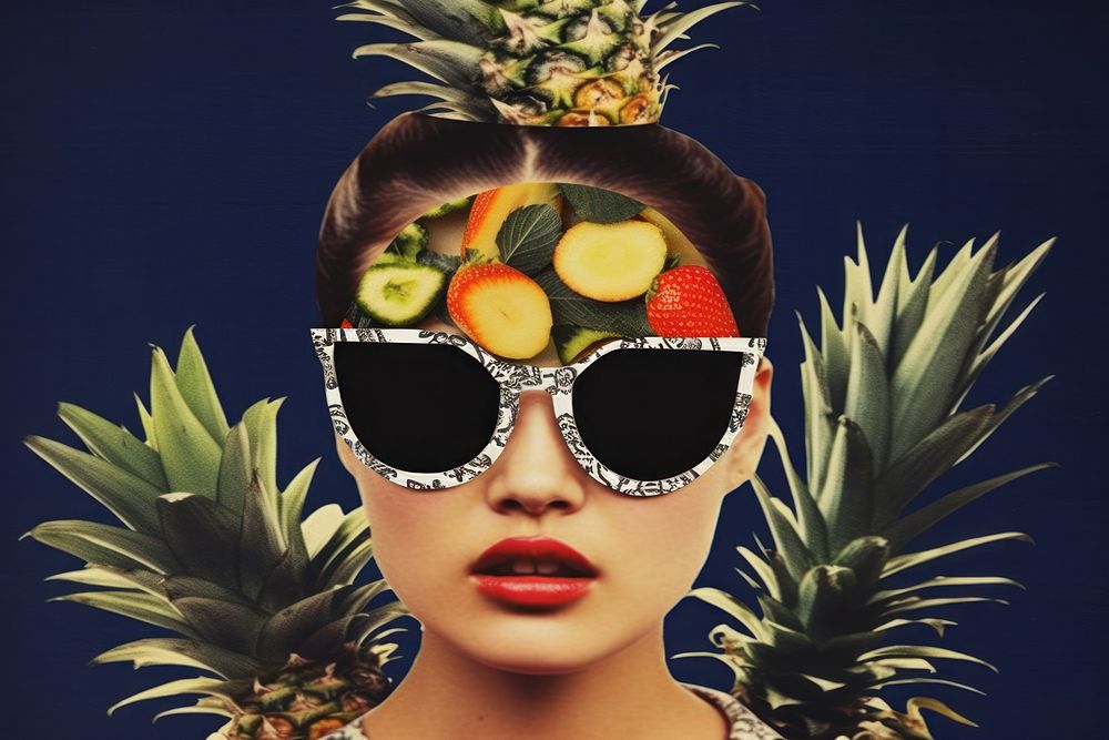 Minimal Collage Retro dreamy of bouquet sunglasses pineapple portrait.