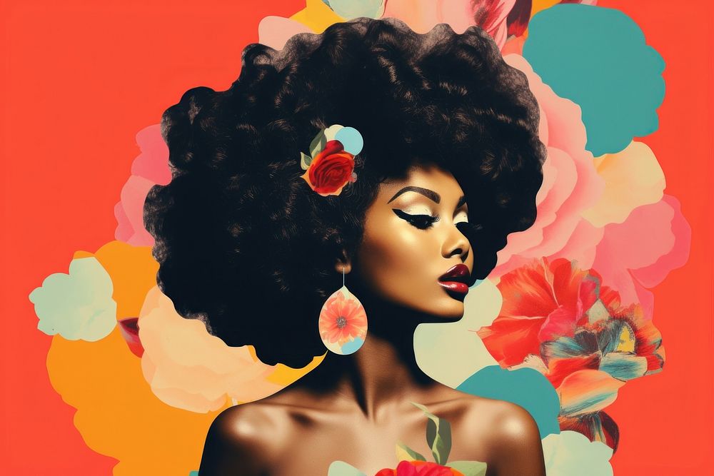 Minimal Collage Retro dreamy of black woman portrait flower adult.