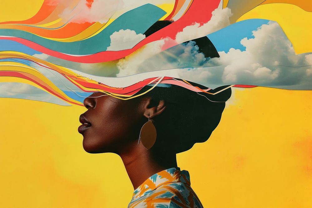 Minimal Collage Retro dreamy of black woman art portrait painting.