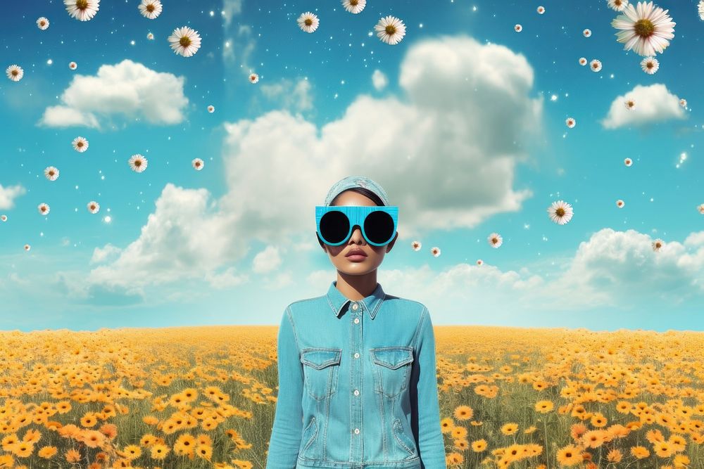 Minimal Collage Retro dreamy of black woman sunglasses astronomy portrait.