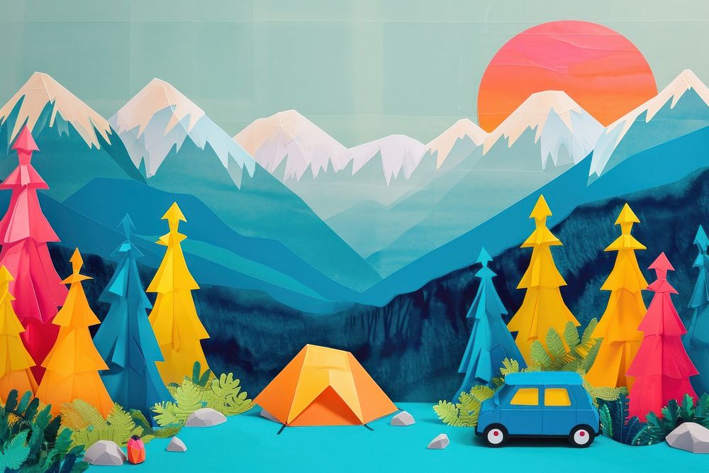 Minimal Collage Retro dreamy of camping art painting outdoors.