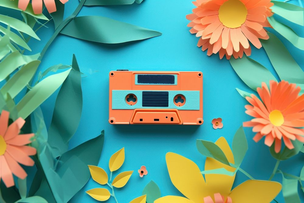 Minimal Collage Retro dreamy of cassette flower plant technology.