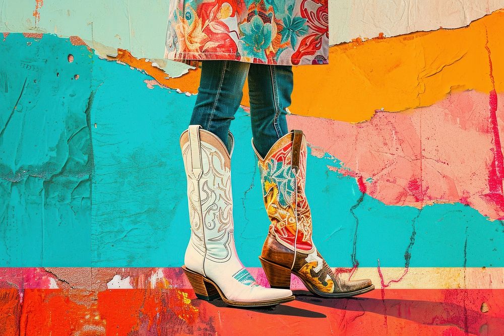 Minimal Collage Retro dreamy of cowboy boots footwear shoe art.