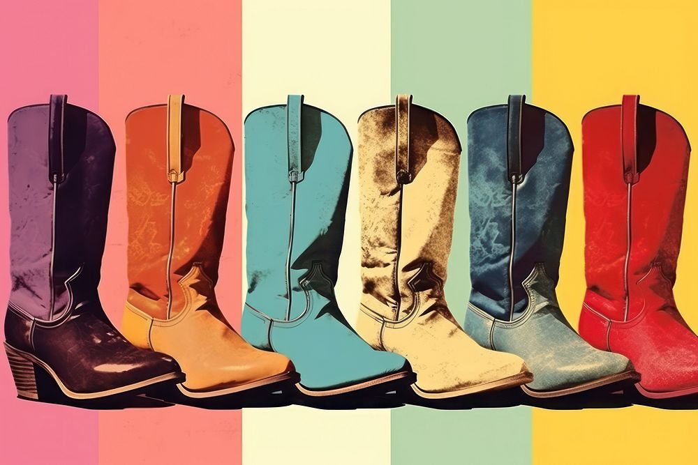 Minimal Collage Retro dreamy of cowboy boots footwear shoe variation.