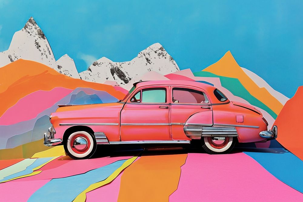 Minimal Collage Retro dreamy of classic car art vehicle transportation.