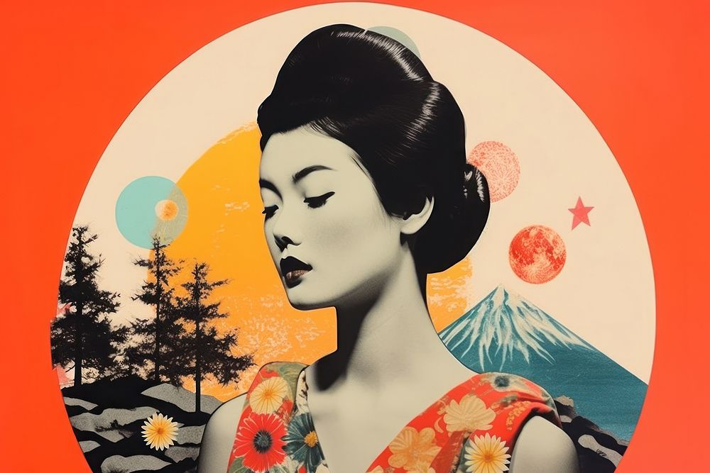 Minimal Collage Retro dreamy of east asian art painting representation.