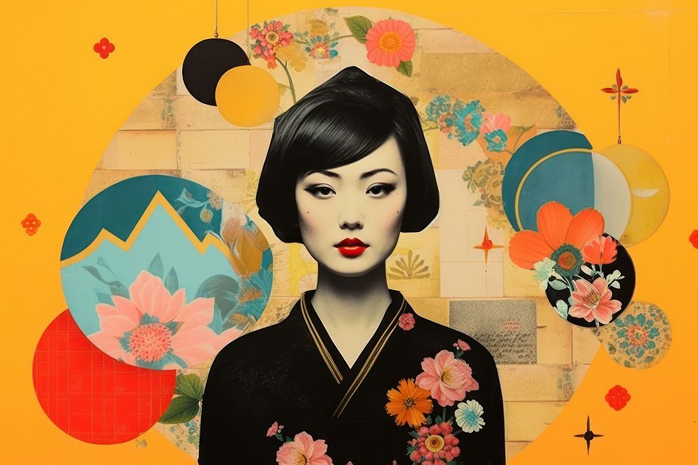 Minimal Collage Retro dreamy of east asian art portrait painting.