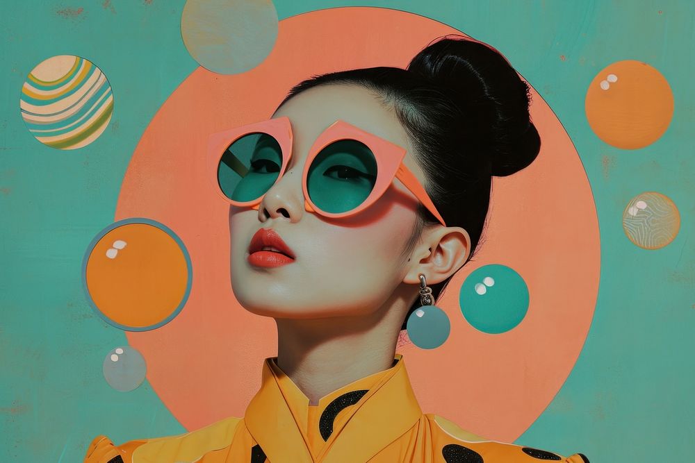 Minimal Collage Retro dreamy of east asian sunglasses painting portrait.