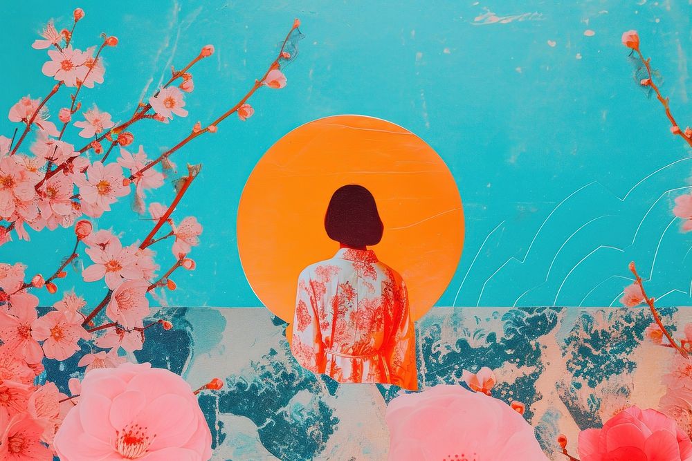 Minimal Collage Retro dreamy of east asian art outdoors painting.