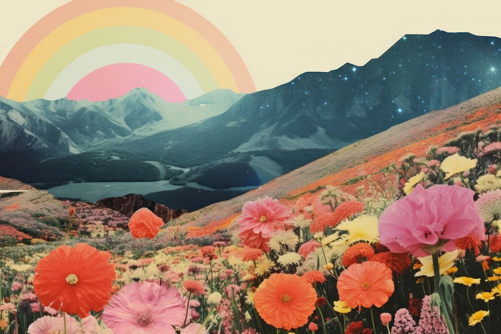 Collage Retro dreamy of field of flowers landscapes mountain outdoors nature.