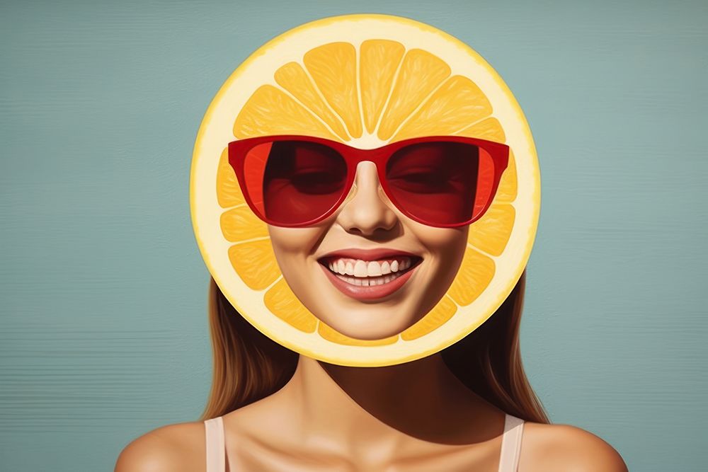 Minimal Collage Retro dreamy of happy grapefruit sunglasses portrait.
