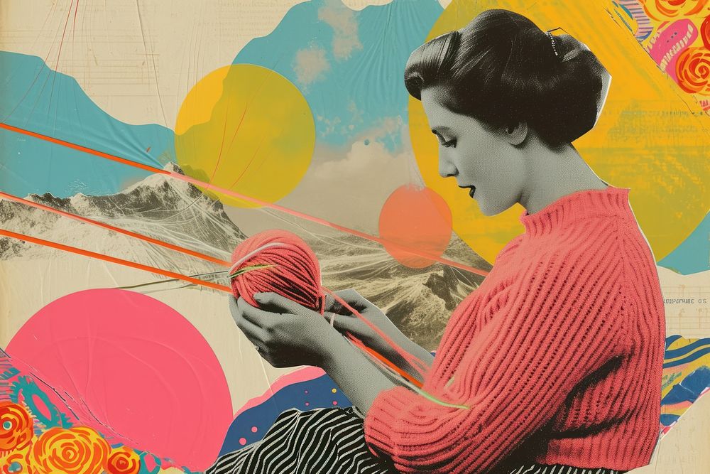 Minimal Collage Retro dreamy of knitting art painting adult.