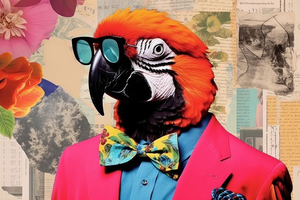 Minimal Collage Retro dreamy of parrot portrait glasses animal.