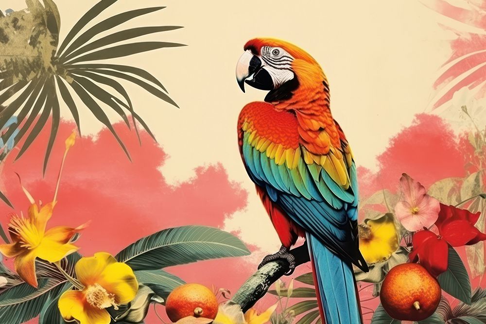 Minimal Collage Retro dreamy of parrot animal plant bird.