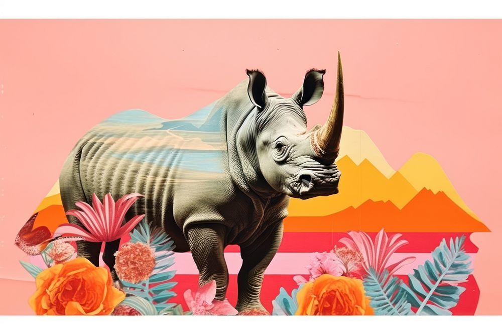 Minimal Collage Retro dreamy of rhinoceros wildlife mammal animal.